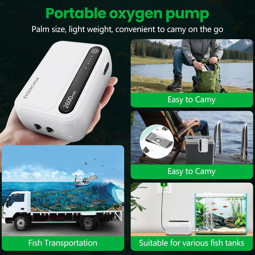 SYSENCIAGA aquarium air pump battery pack shows built-in 2600mAh for backup power.