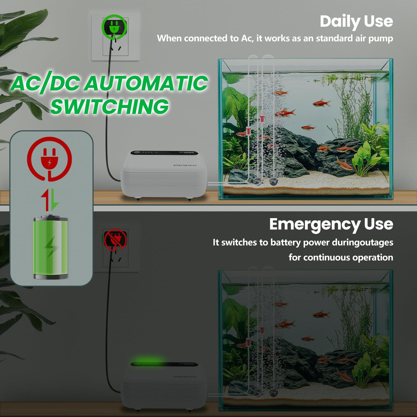 SYSENCIAGA aquarium air pump dual outlet demonstrates multi-tank aeration capability.