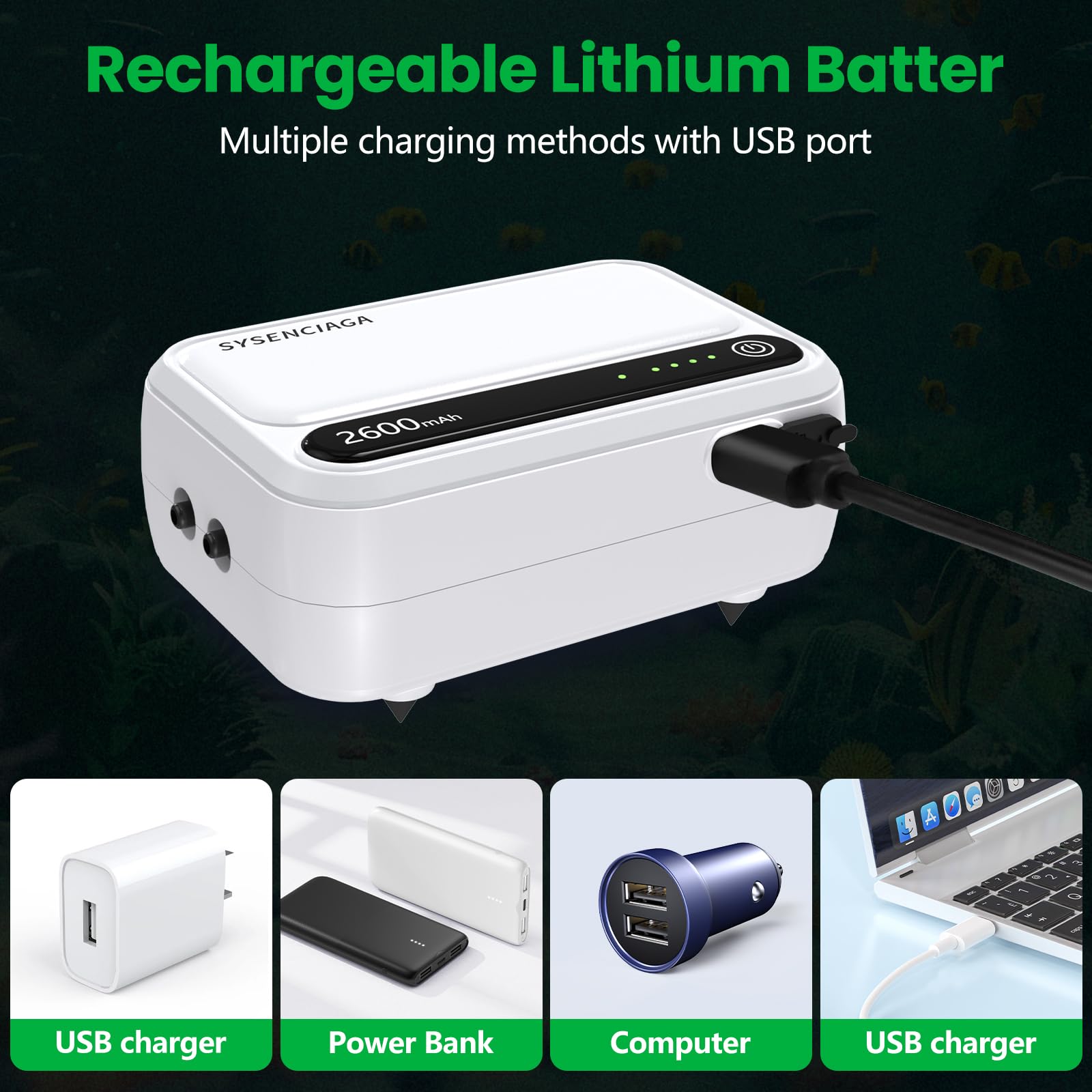 SYSENCIAGA aquarium air pump 1-year warranty badge emphasizing reliable support.