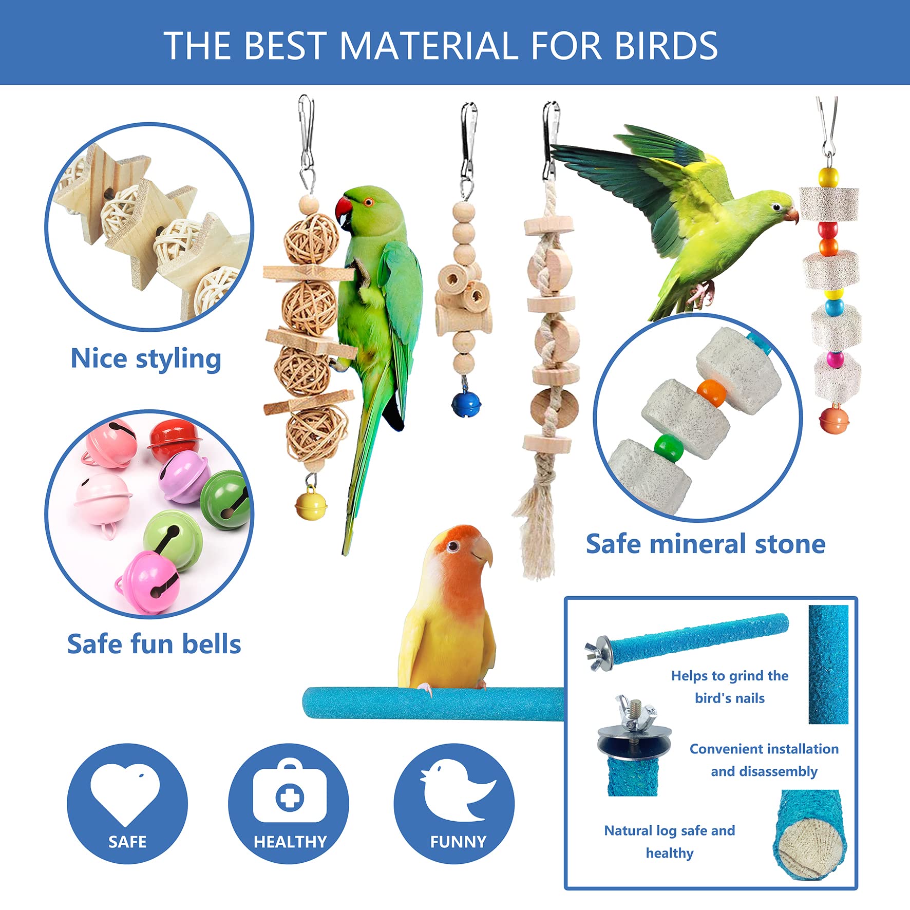 Sysmashing bird toys wind chimes image demonstrates gentle sounds for enrichment.