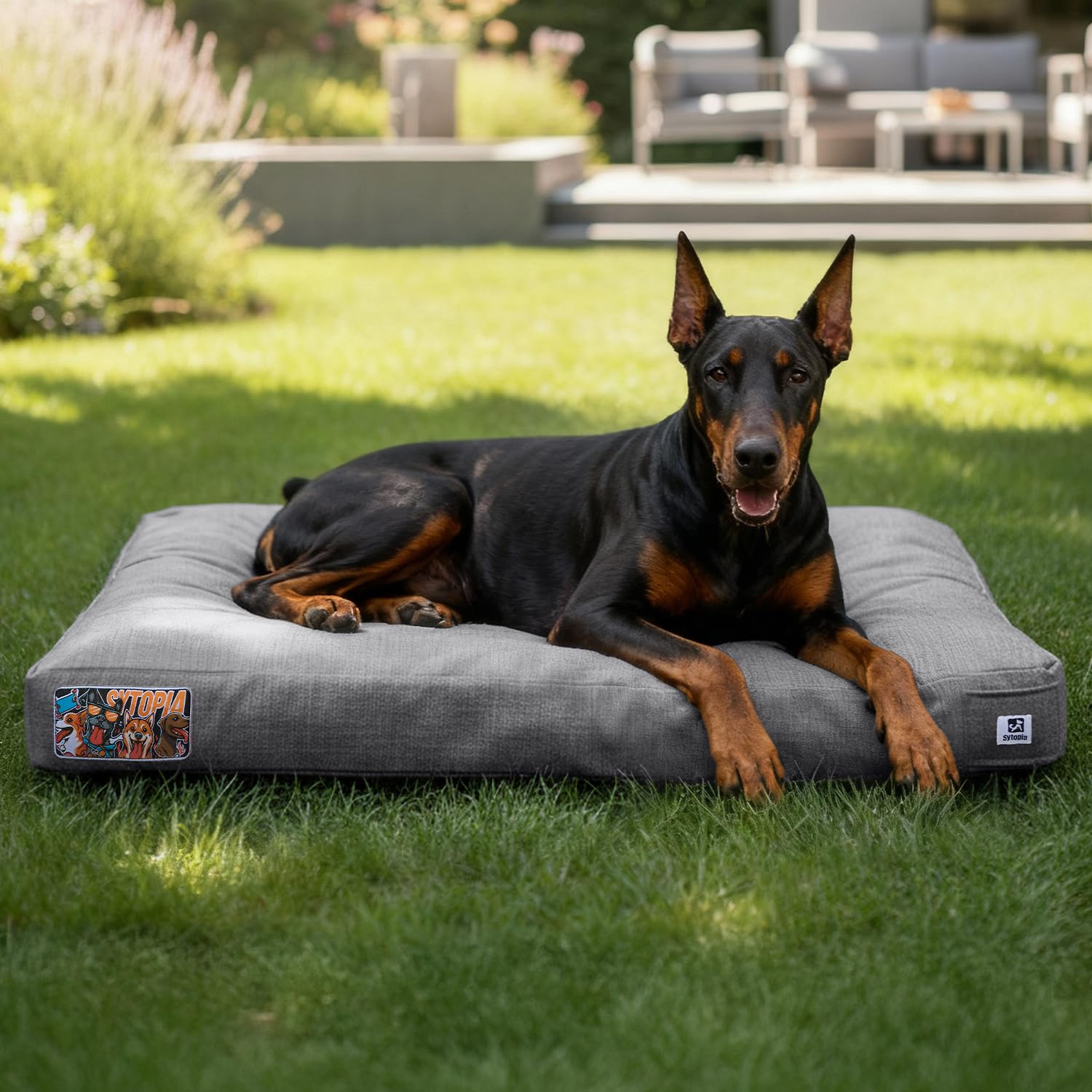 Sytopia 42-inch indestructible dog bed in grey, ideal for large dogs in crates.