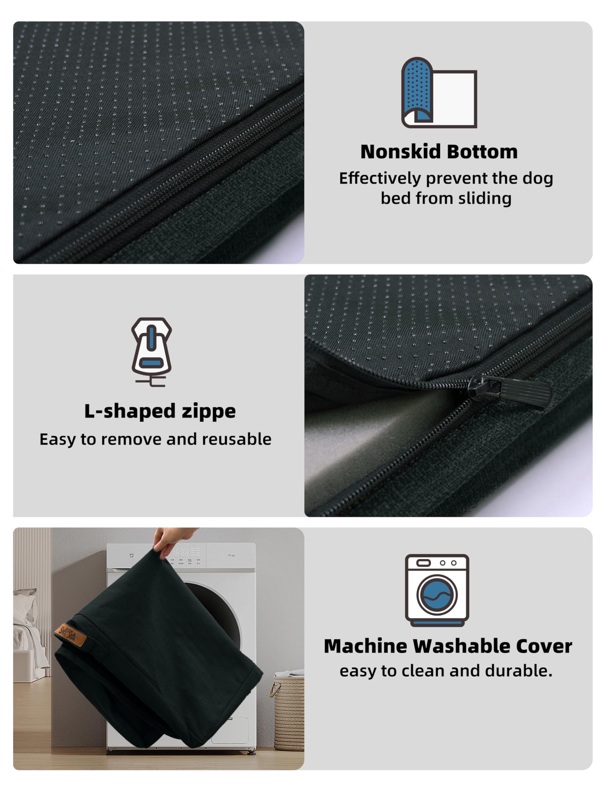 Sytopia 42XL removable-cover image emphasizes easy machine-wash cleaning after messes