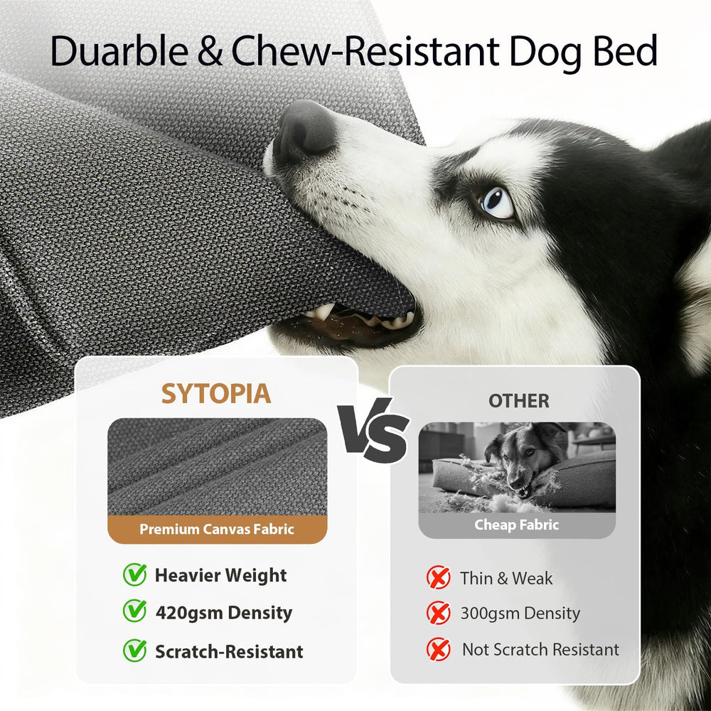 Sytopia canvas dog bed with waterproof cover suitable for spills and outdoors.