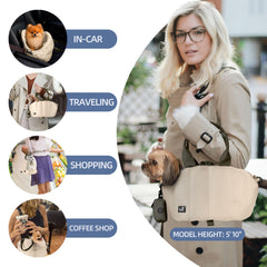 Sytopia small dog carrier purse side pocket view highlights convenient storage for essentials.