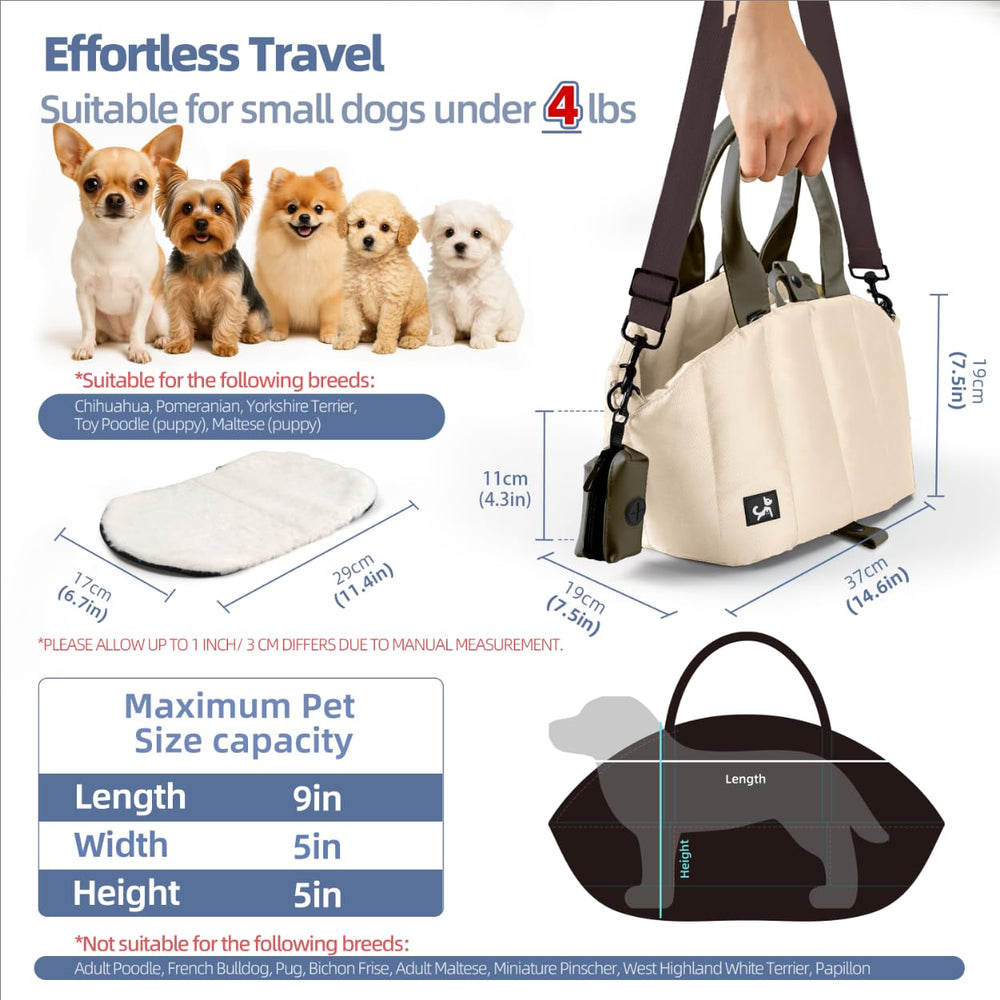Sytopia small dog carrier purse waterproof fabric helps keep supplies and pet dry.