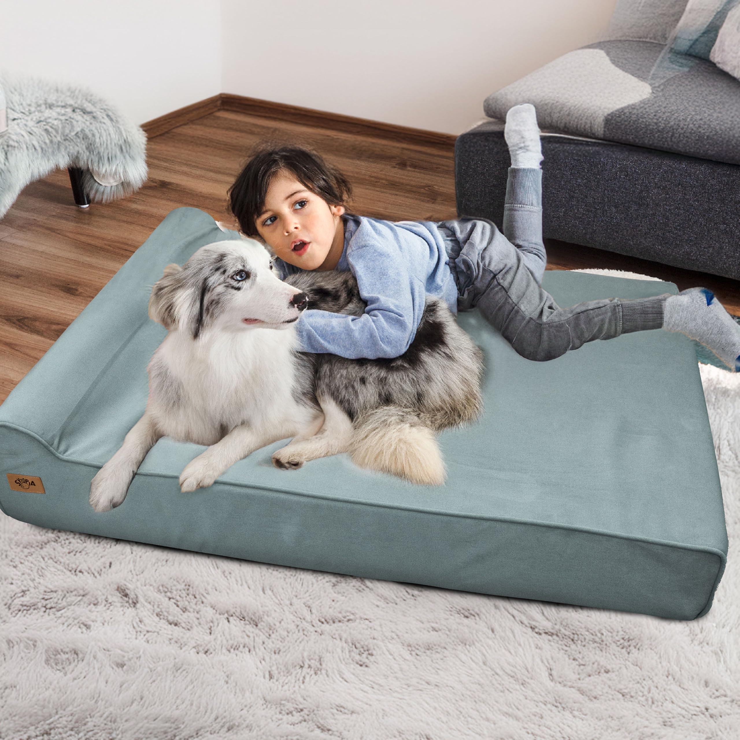 Sytopia XXL memory foam dog bed showing built-in pillow for snug nesting.