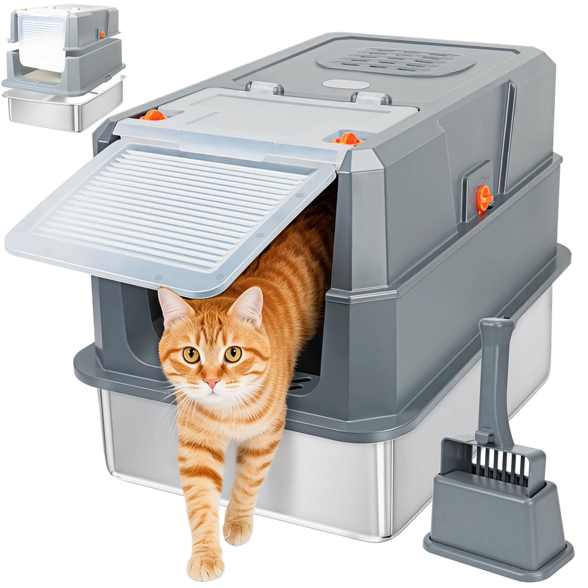 SZEE stainless steel litter box with front door for easy scooping and quick cleanup.