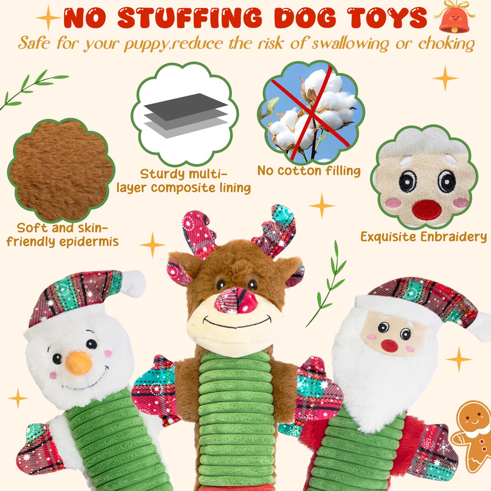 SZXHTOMG Reindeer dog toy crinkle texture boosts sensory engagement during tug.