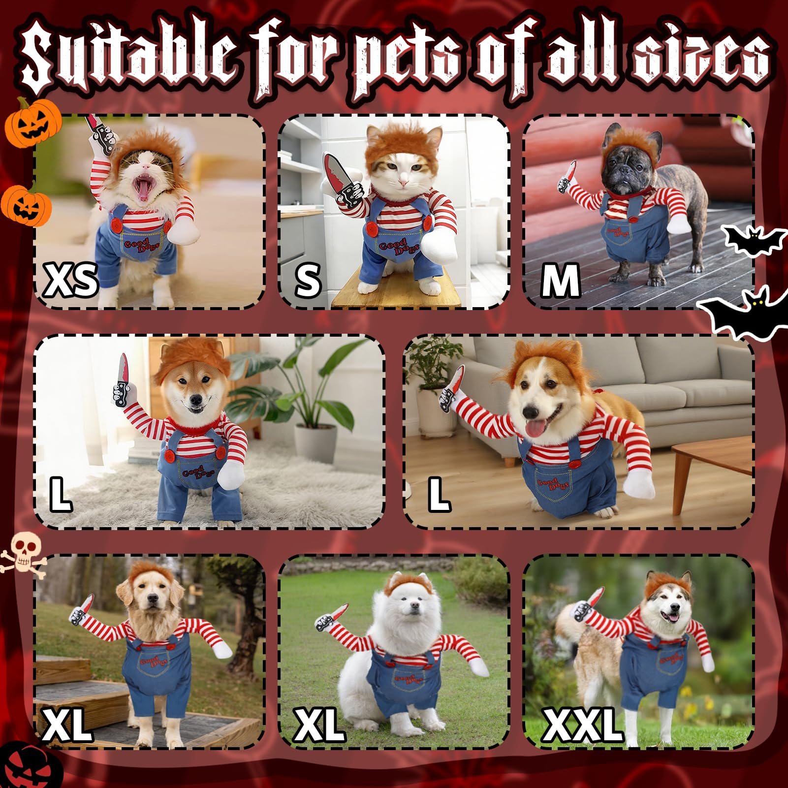 T2Y Chucky dog costume for pets ideal for festive events and adorable moments.