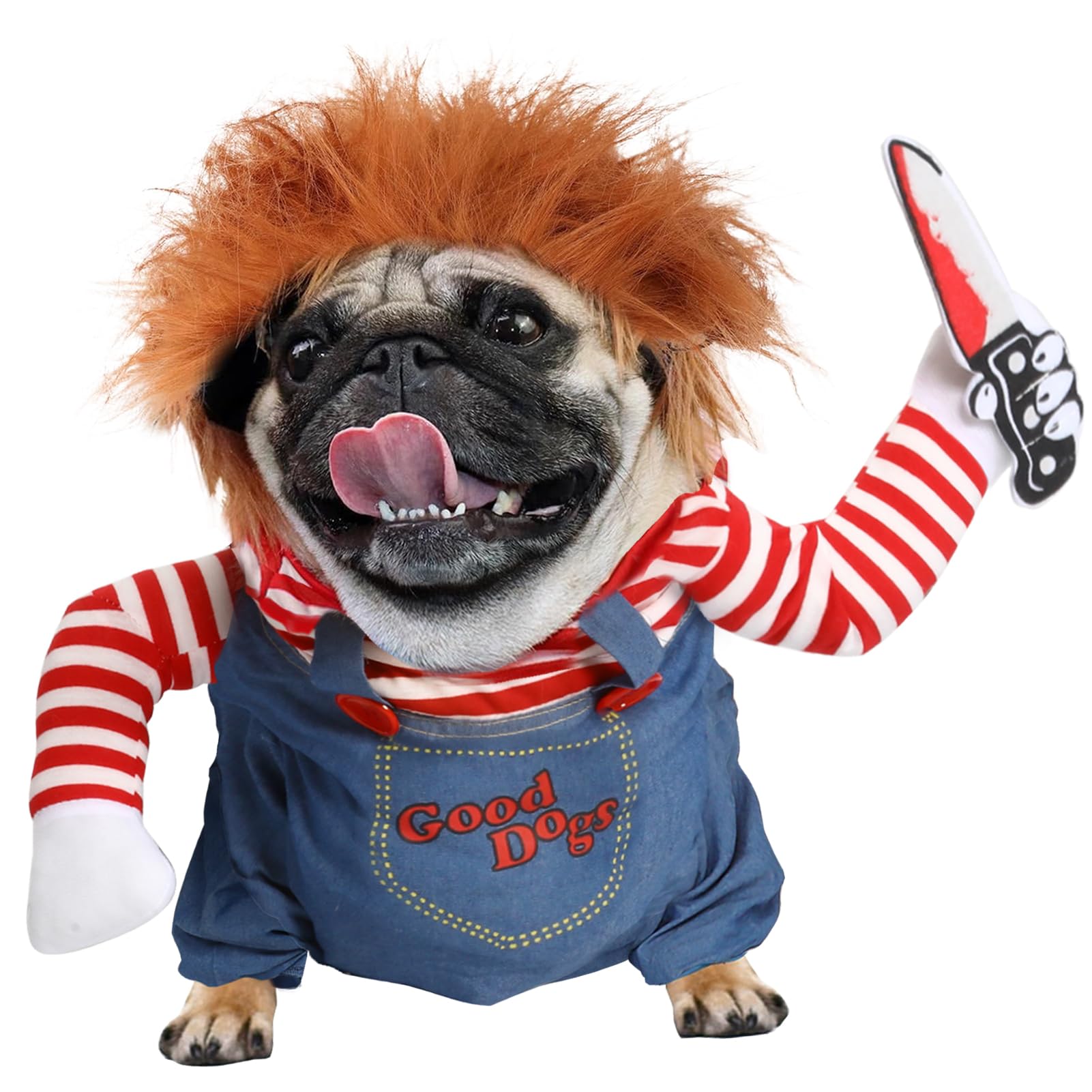 T2Y dog halloween costume deadly doll chucky with knife wig helps create a funny party cosplay look.