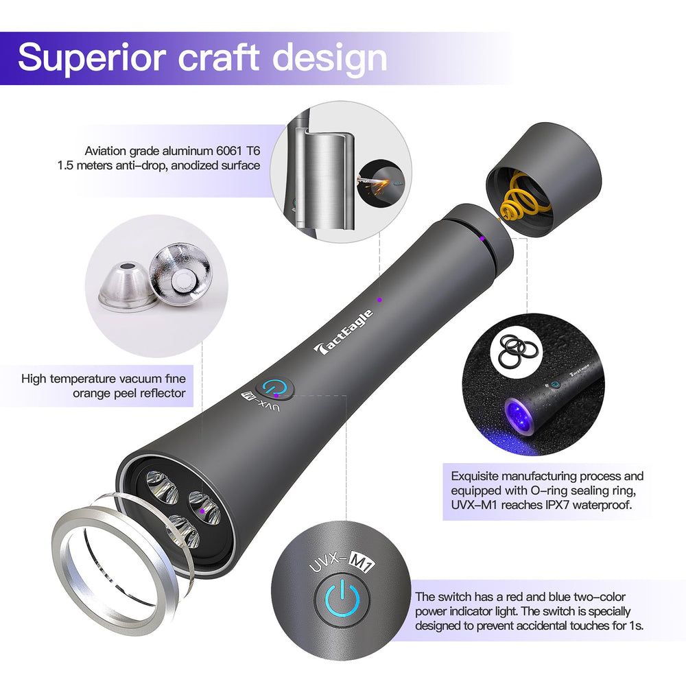 TactEagle UV Flashlight peak range up to seven feet for precise fluorescing checks.