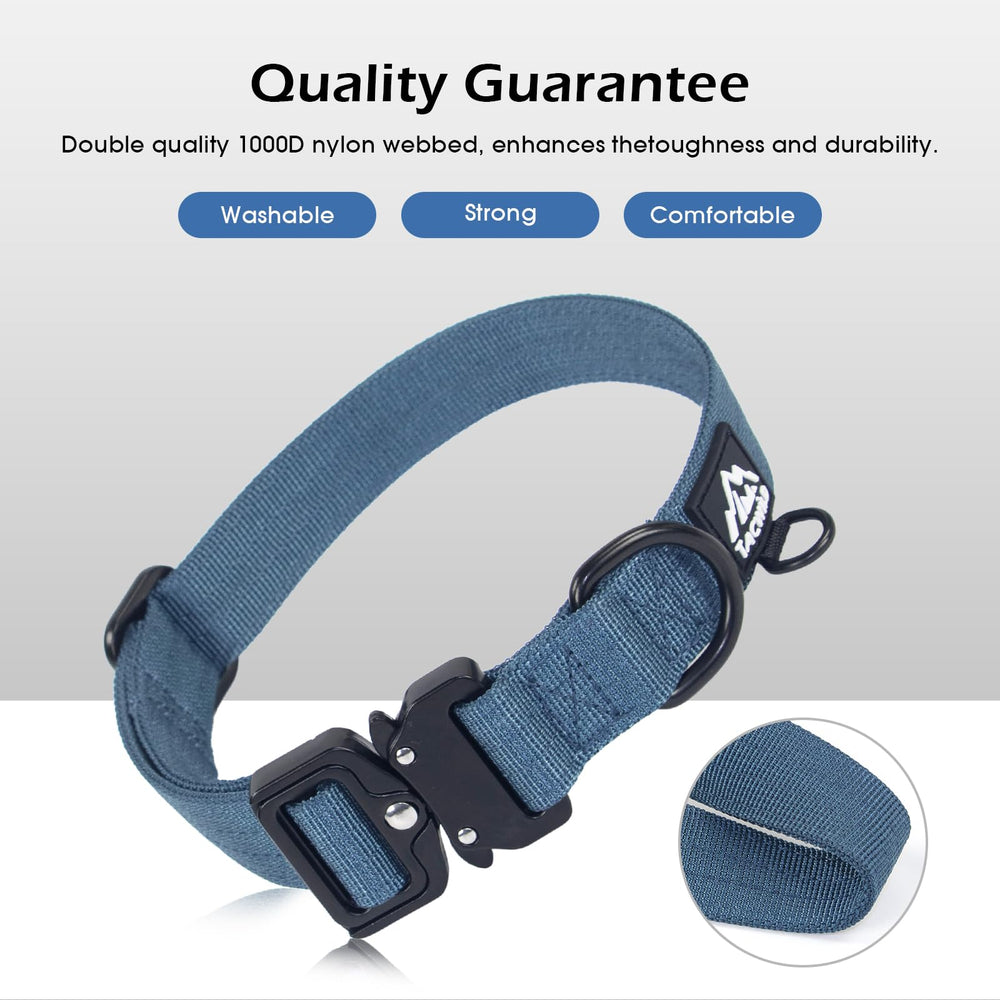 Tacwild Heavy Duty Dog Collar Haze Blue walking shot with leash-ready D-ring for control