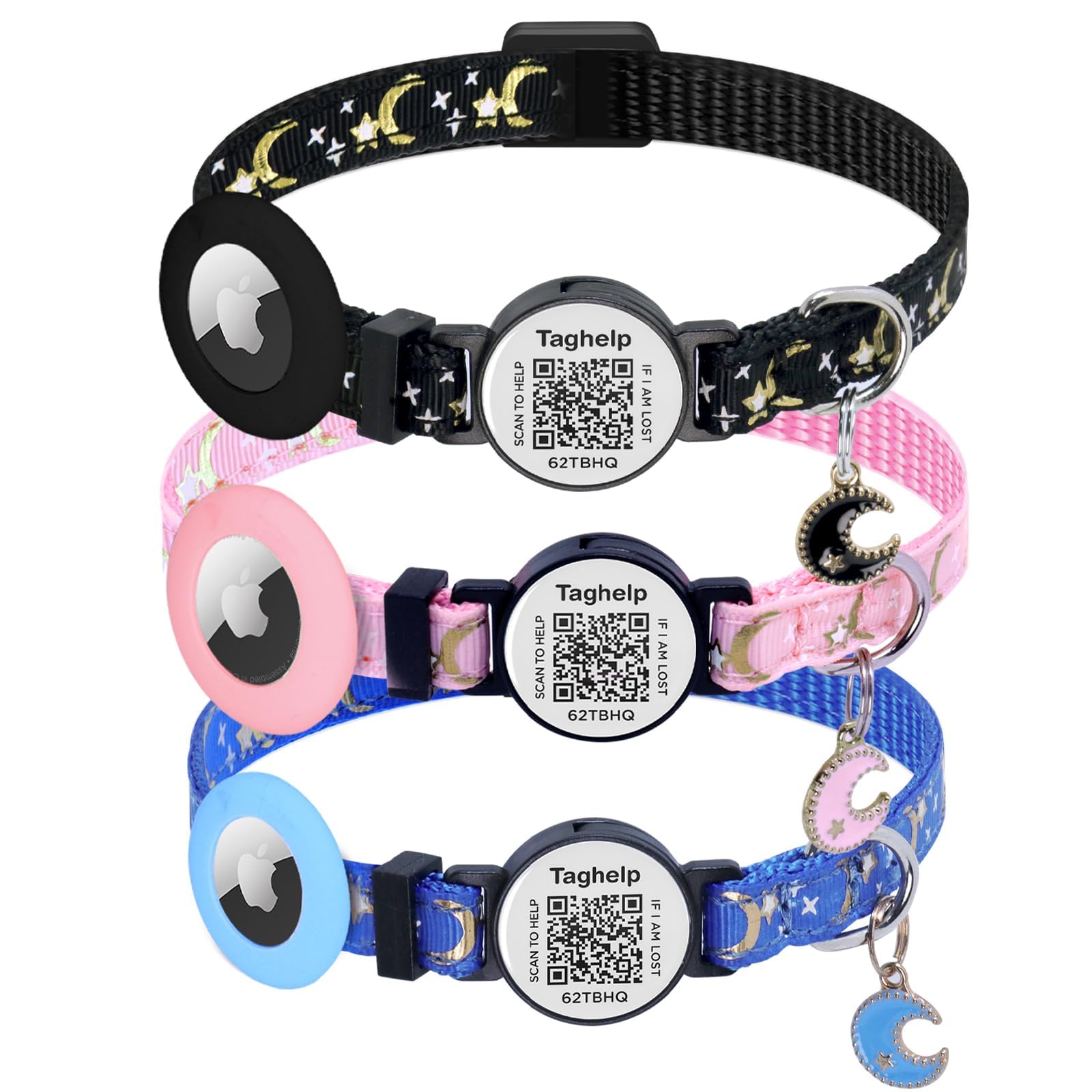 Taghelp AirTag cat collar Moon Stars on black design blends style with safety
