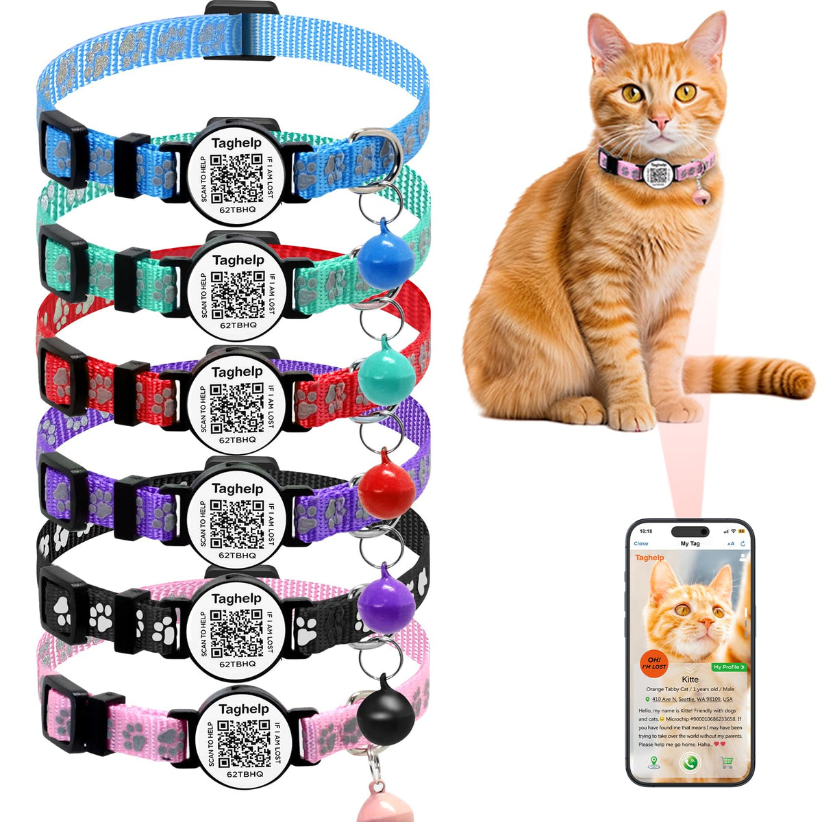 Taghelp 6-pack breakaway collar with QR code for quick ID access.