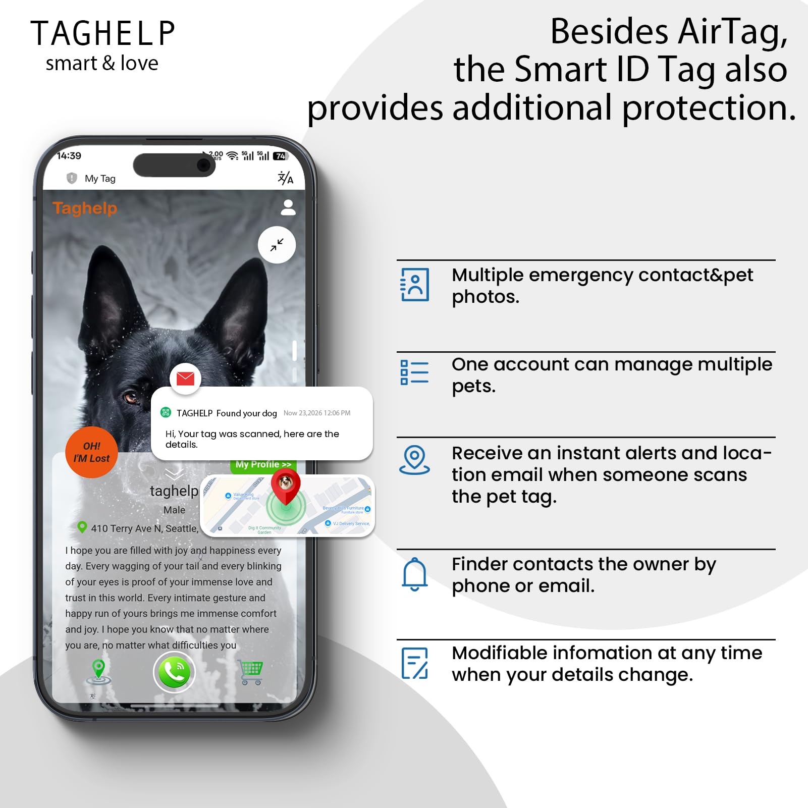 Taghelp AirTag dog collar black color for a sleek look.