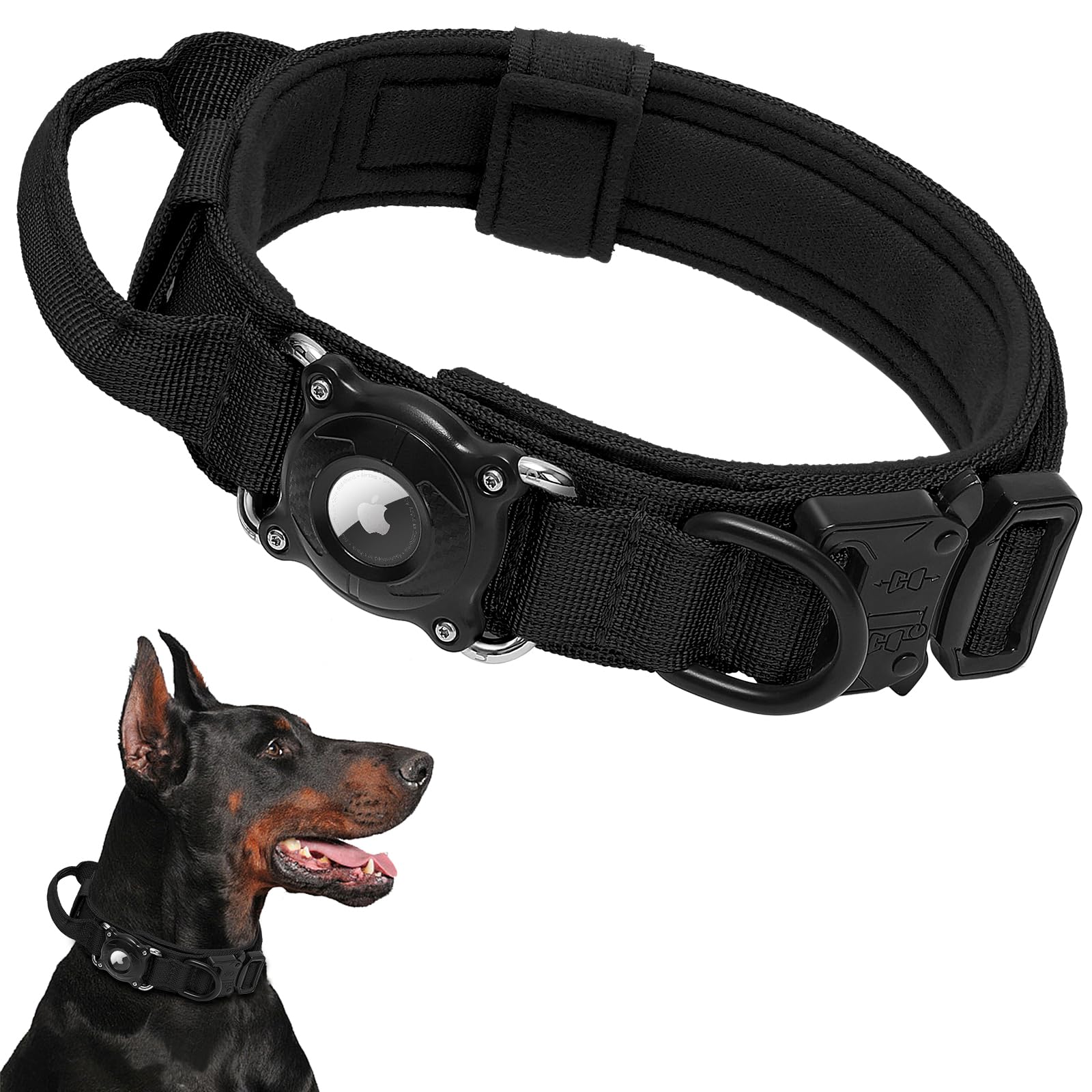 Taghelp AirTag dog collar front view with integrated holder and secure buckle.