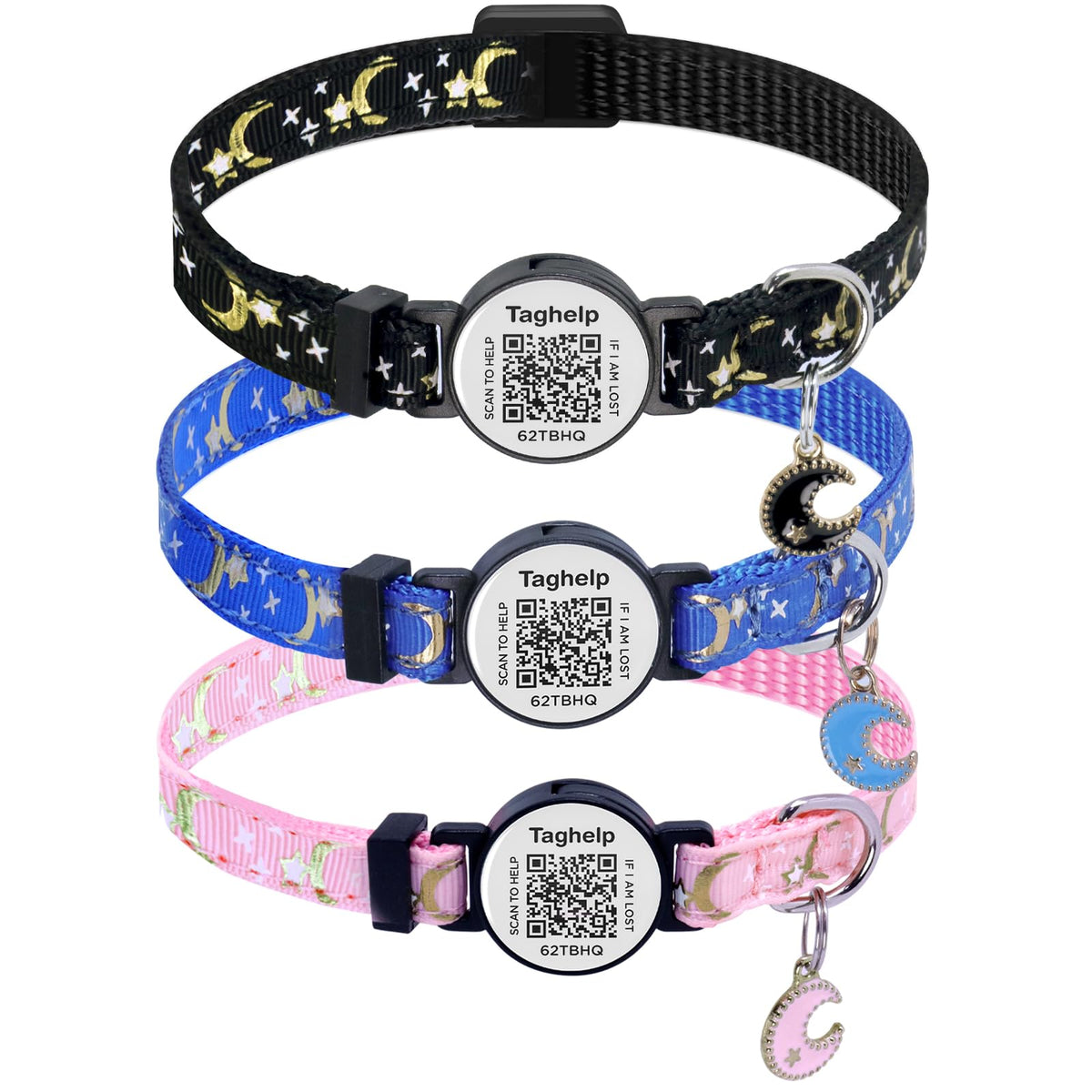 TagHelp cat collar moon-star pattern glows after sun exposure for visibility