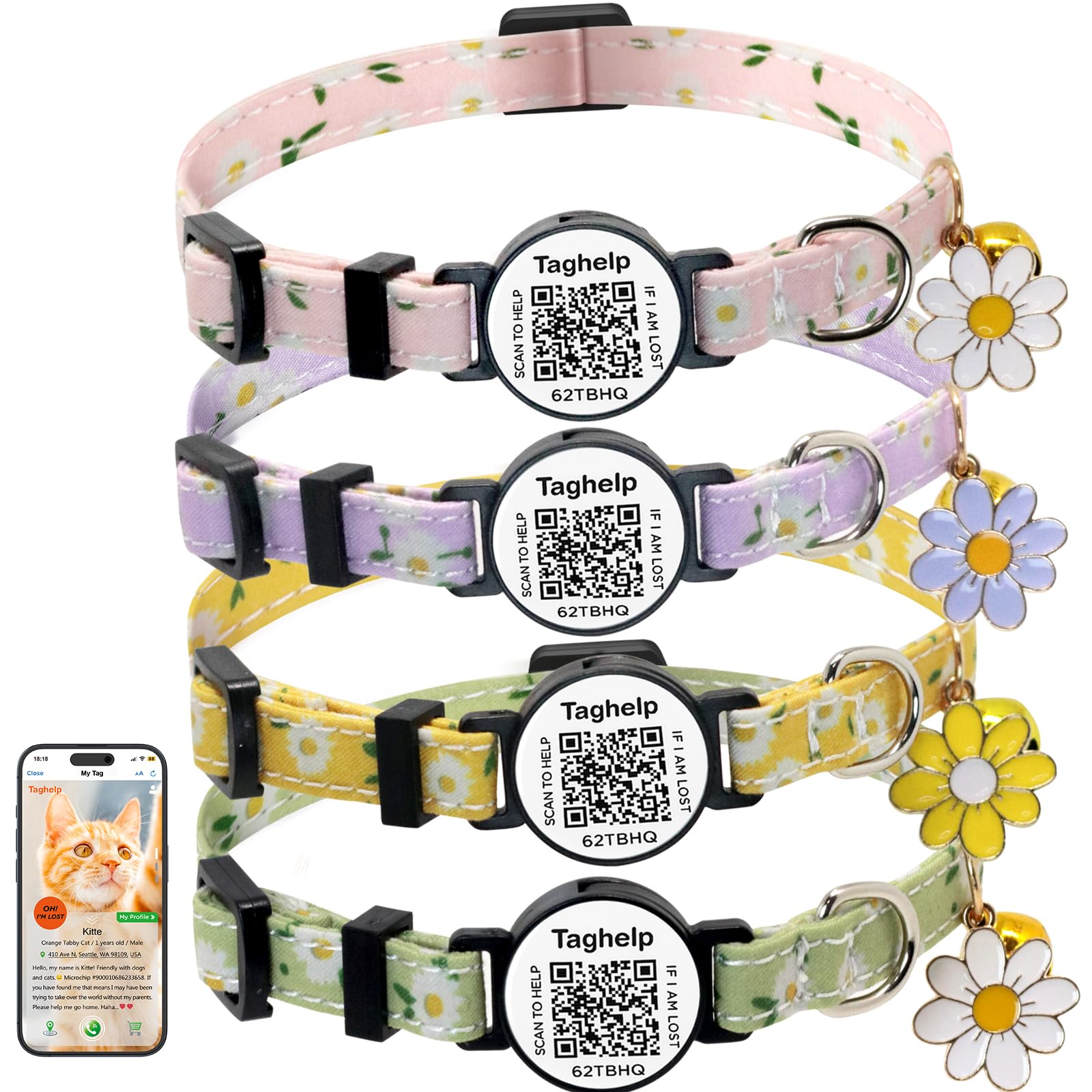 Taghelp cute flower cat collar with QR buckle for quick ID access if lost.