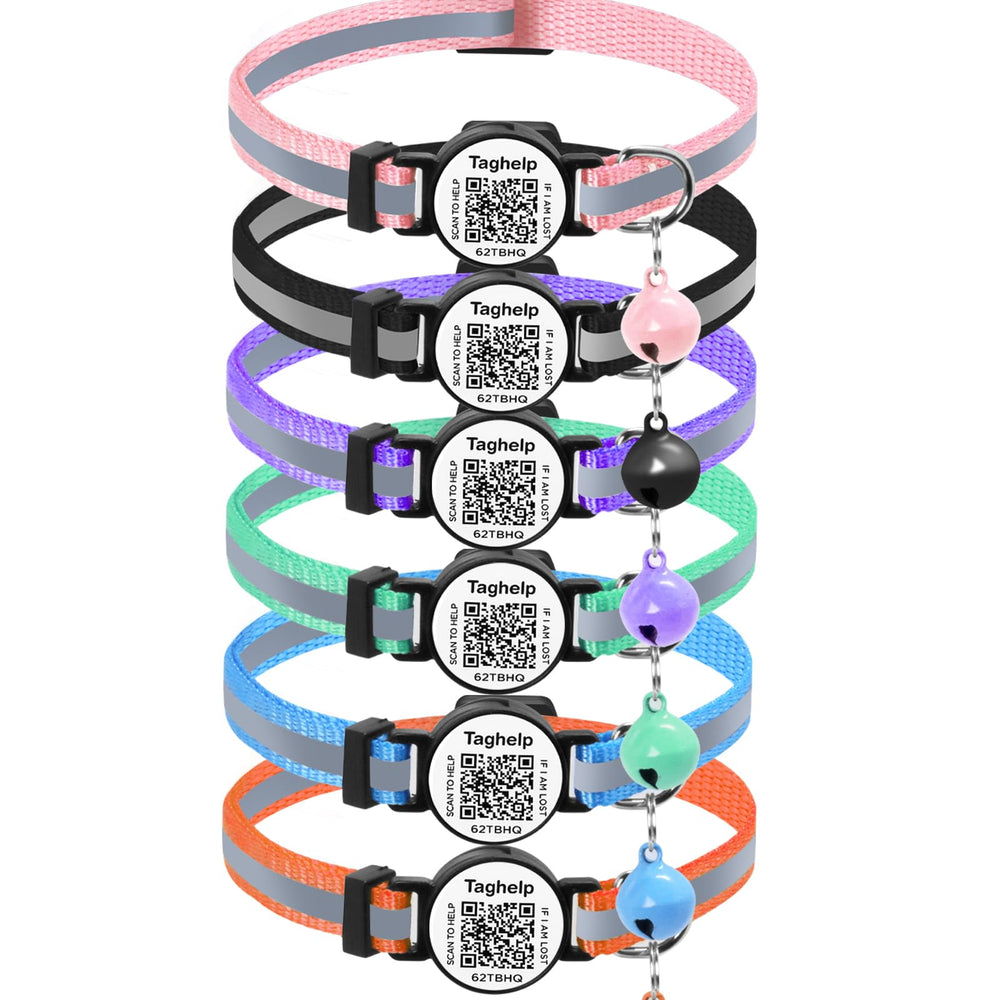 Taghelp QR cat collar multi-pack packaging shows mixed colors for quick cat identification.