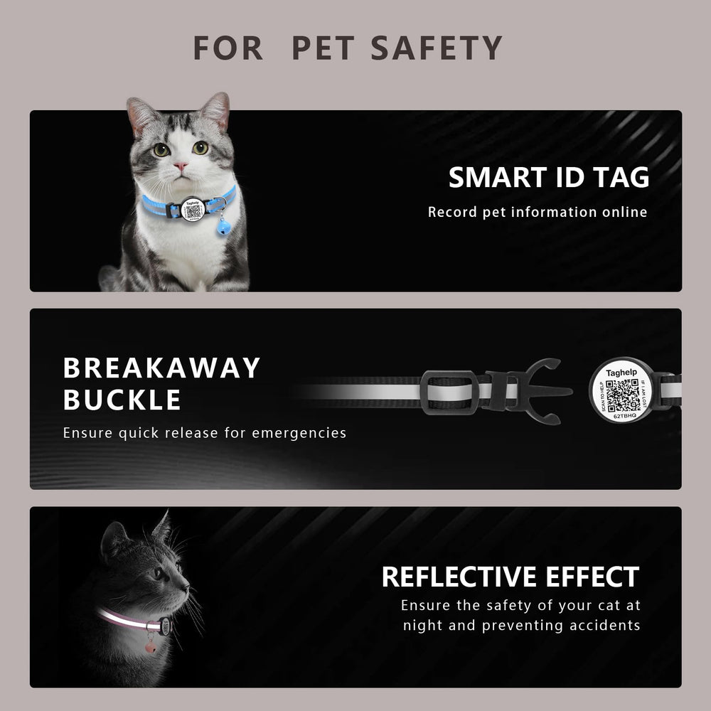 Taghelp QR cat collar reflective strip improves visibility in low light conditions.