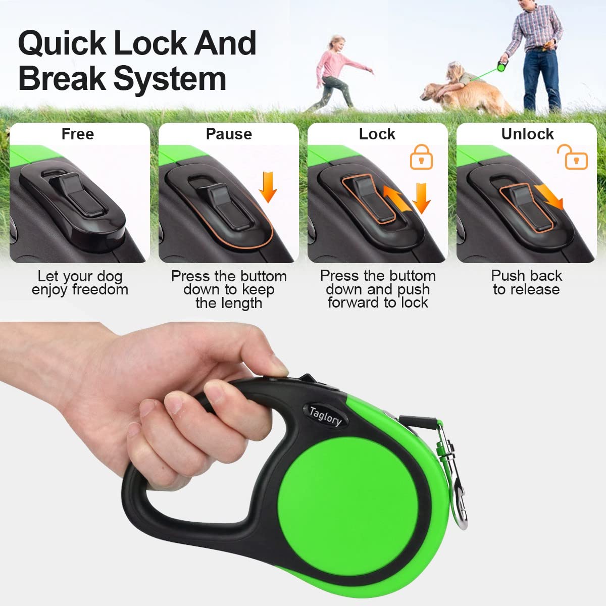 Taglory retractable dog leash anti-slip handle for comfortable gripping.