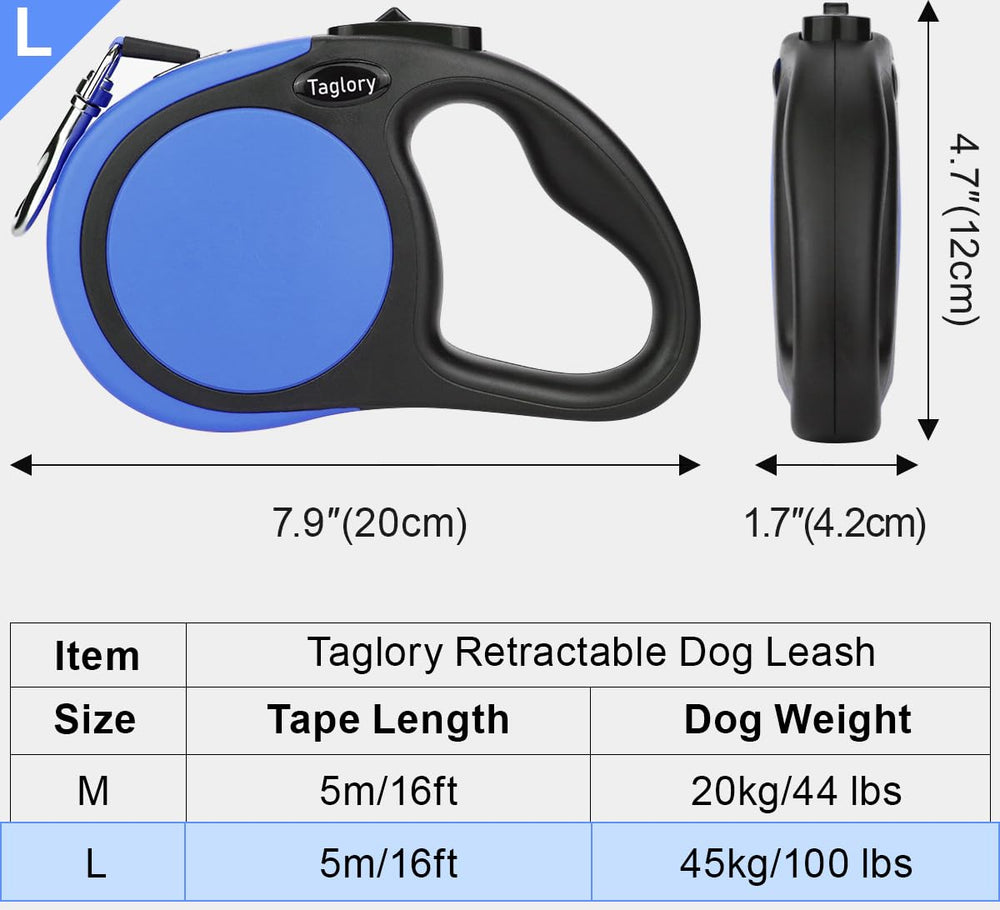 Taglory retractable leash thumb lock shows easy one-handed control for quick adjustments.