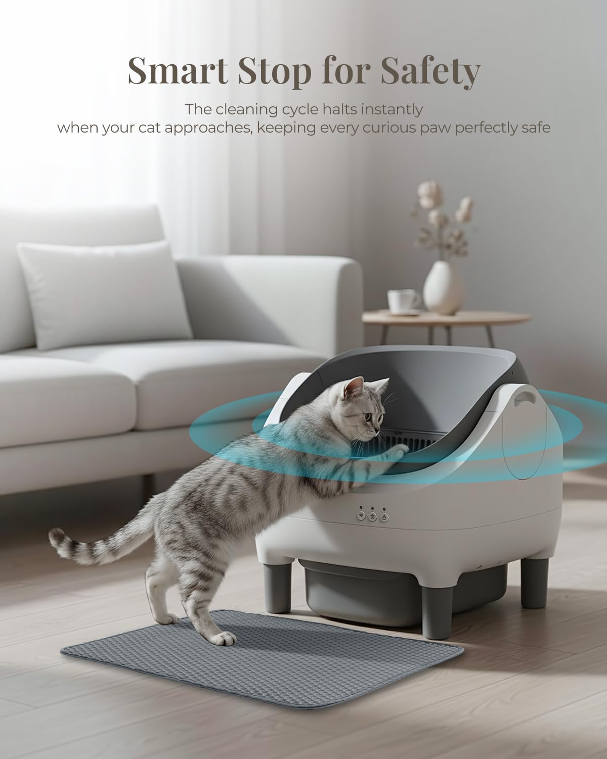 Taifa self-cleaning litter box safety sensors prevent cleaning when a paw is detected