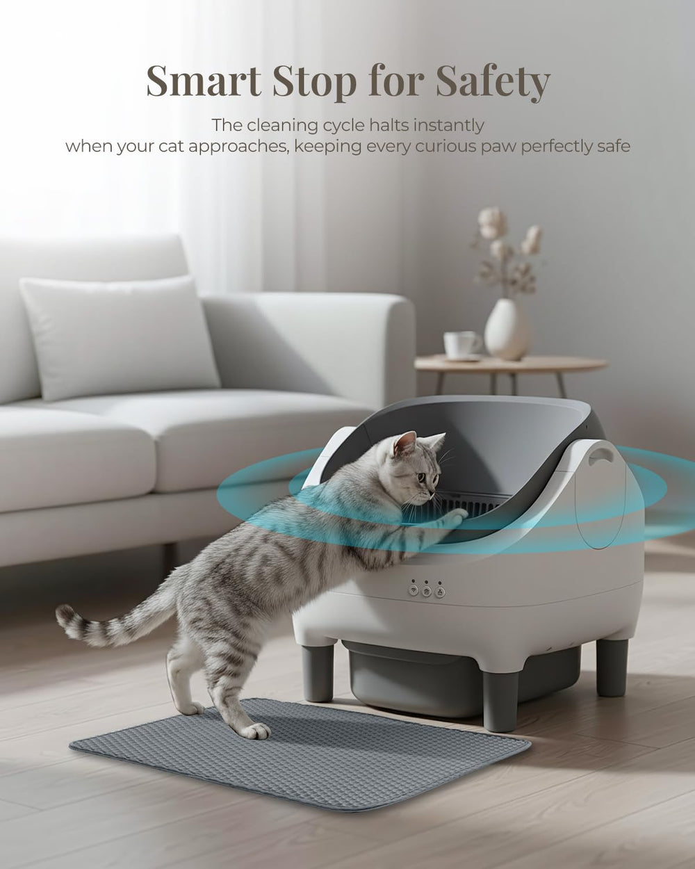 Taifa self-cleaning litter box safety sensors prevent cleaning when a paw is detected