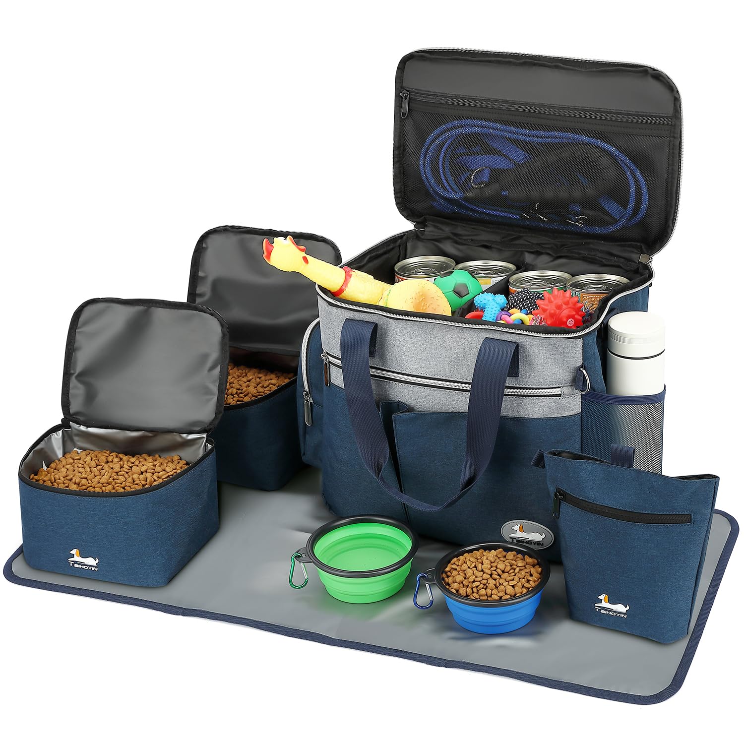 TAIHOYIN dog travel bag front view in navy, organized travel on the go.