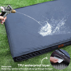 Tail Stories navy bed displayed in home and yard for versatile use.