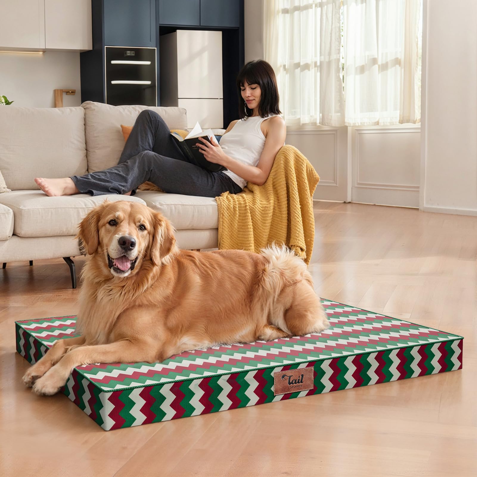 Tail Stories egg-crate foam layer highlighted for pressure distribution and elder-dog relief.