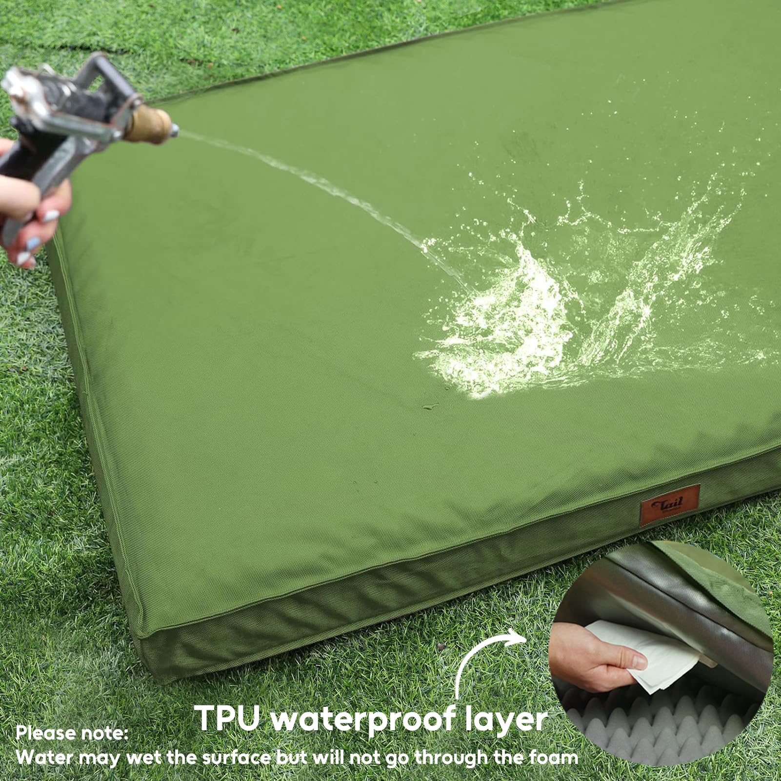 Tail Stories orthopedic egg-crate foam detail emphasizes pressure relief for joints