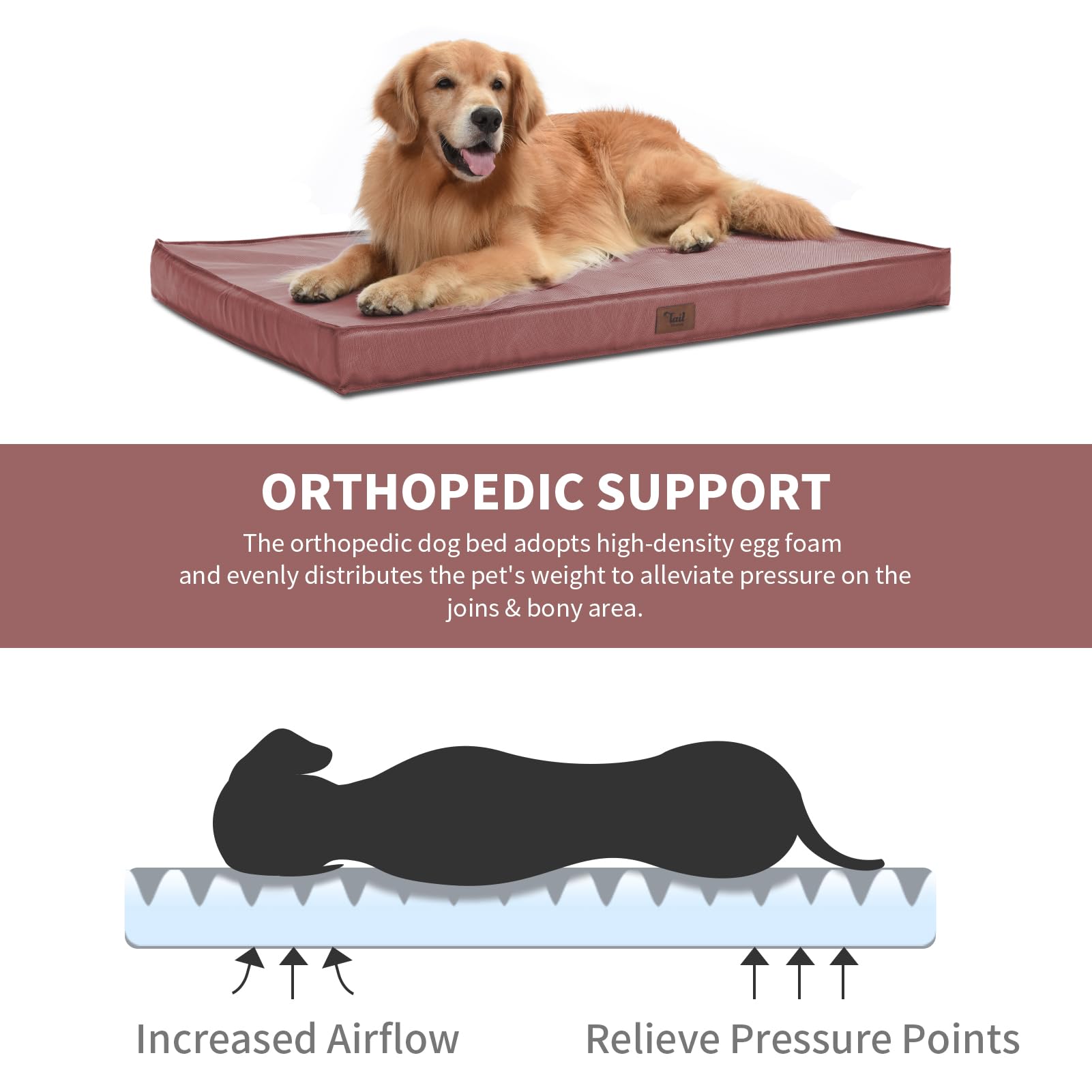 Tail Stories orthopedic egg-crate foam supports joints during restful crate breaks.