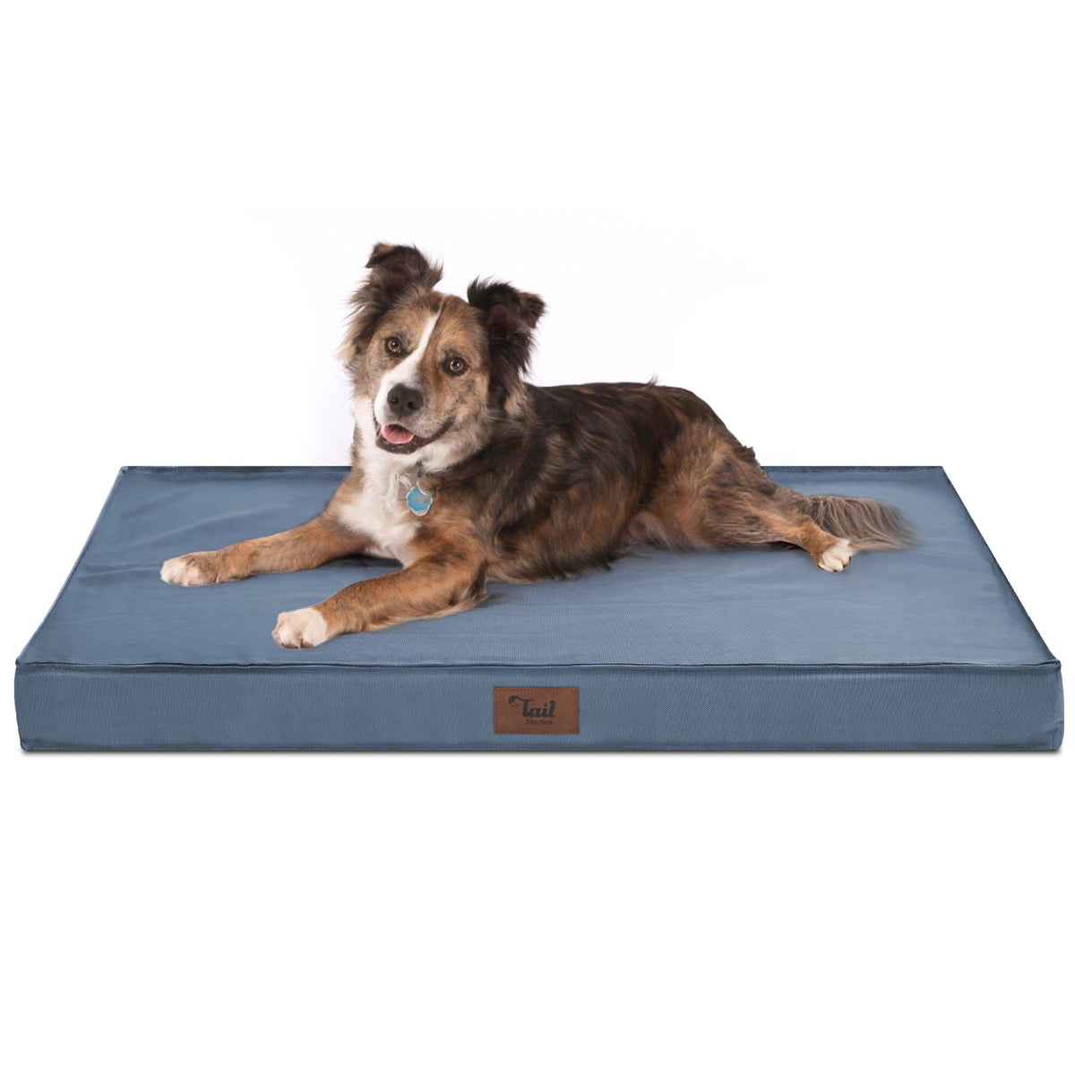 Tail Stories outdoor dog bed blue front view for large dogs with rugged outdoor-ready design.