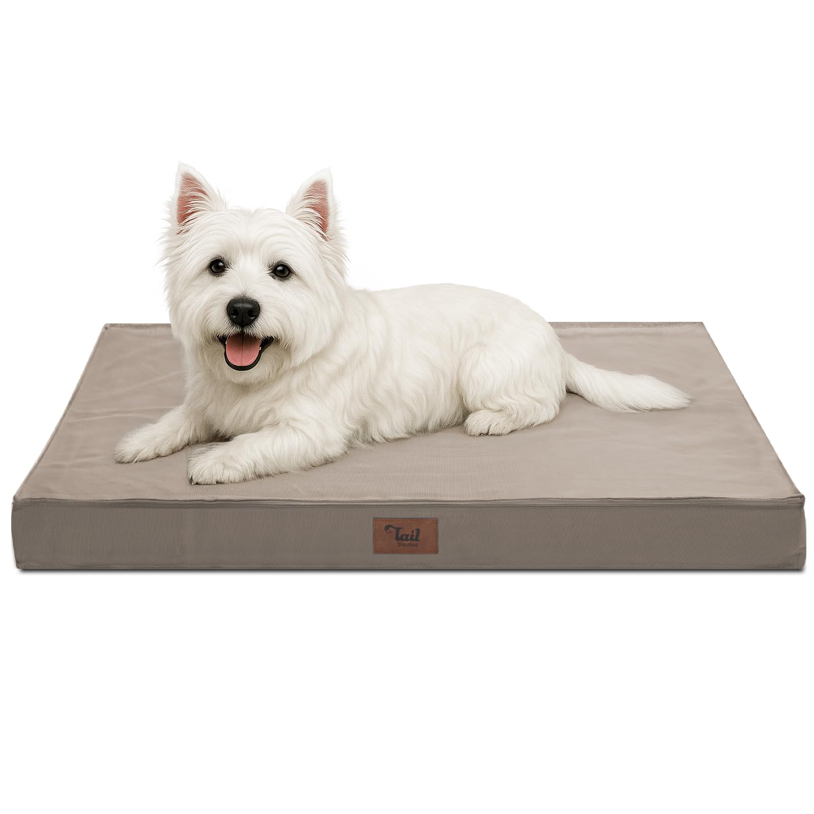 Tail Stories outdoor dog bed khaki cover — waterproof, outdoor-ready for crate adventures