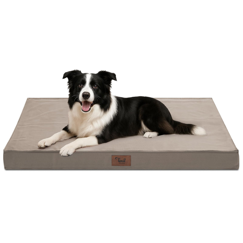 Tail Stories outdoor dog bed in khaki, side view for crate-ready outdoor rest.