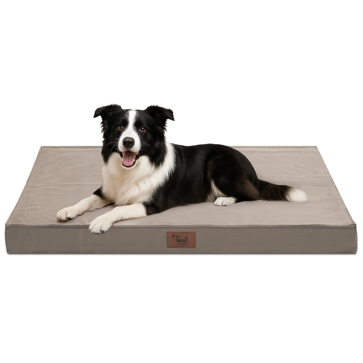 Tail Stories outdoor dog bed in khaki, side view for crate-ready outdoor rest.