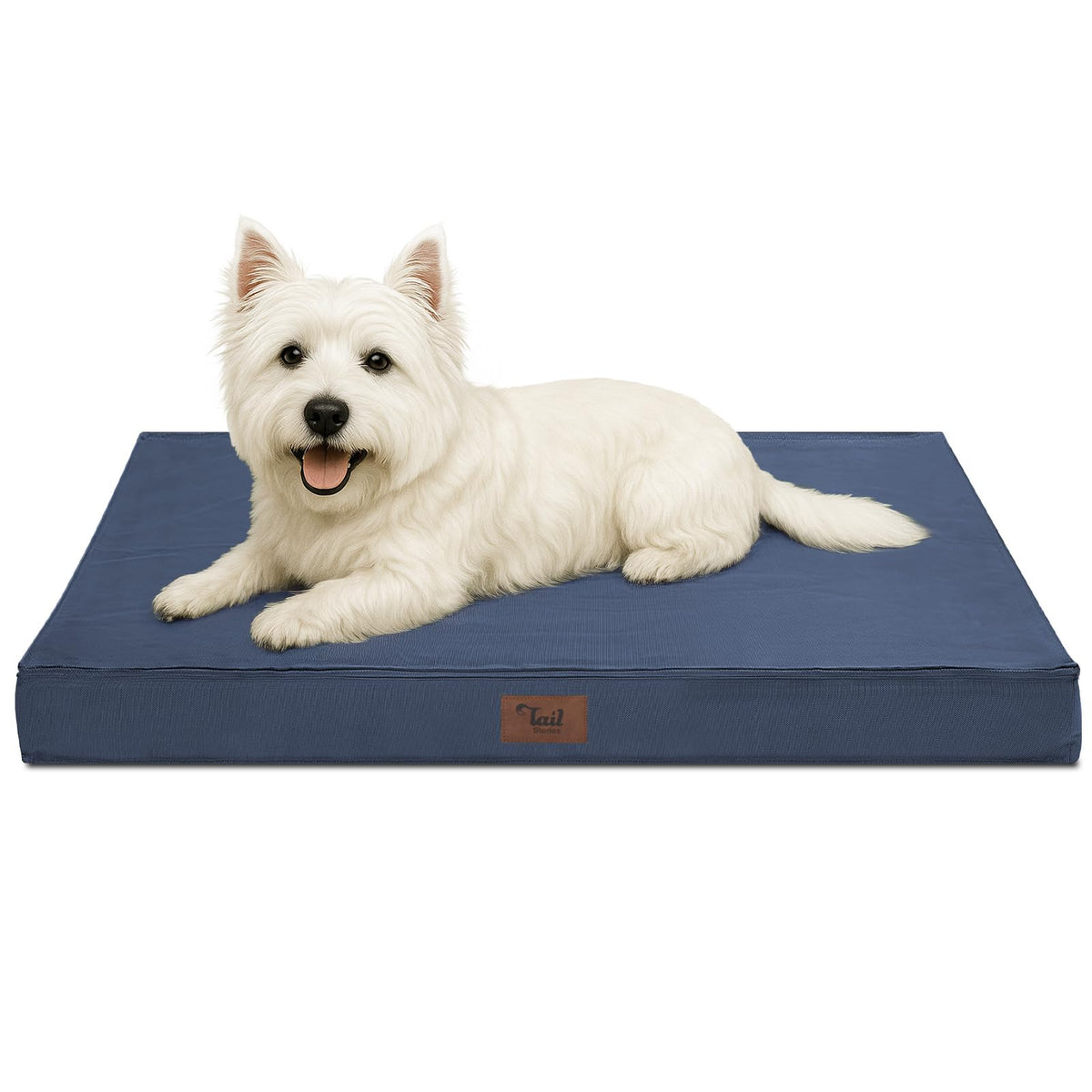 Tail Stories outdoor dog bed navy cover demonstrates waterproof durability for crates