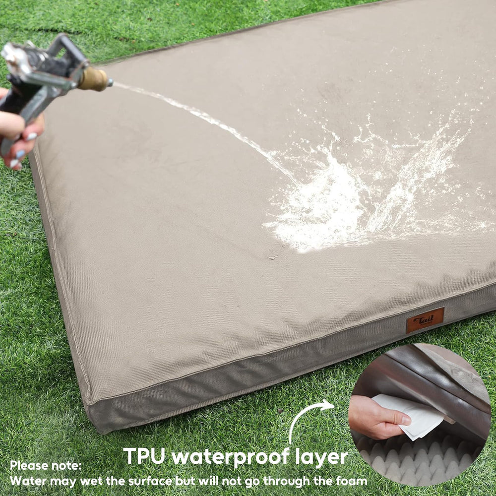 Tail Stories khaki bed for indoor and outdoor use during travels.