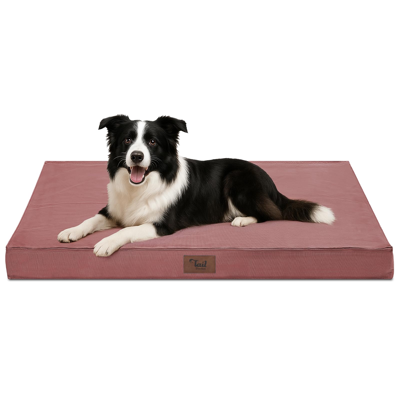 Tail Stories outdoor dog bed pink cover provides weather-ready comfort for outdoor naps.