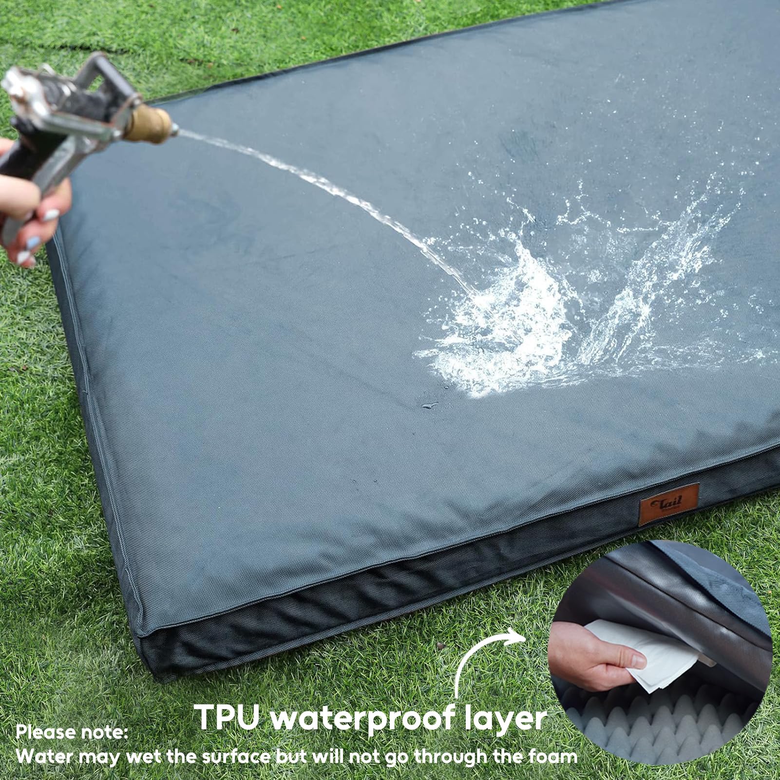 Tail Stories waterproof bed travel-ready with side handle for camping and outdoor adventures.