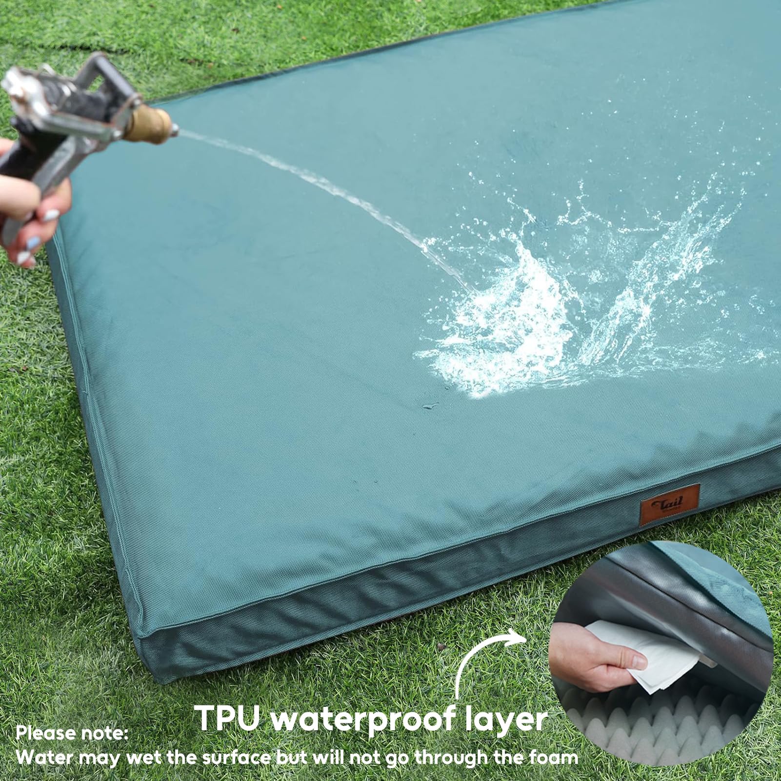 Tail Stories Outdoor Waterproof Cover on bed for reliable protection against spills.