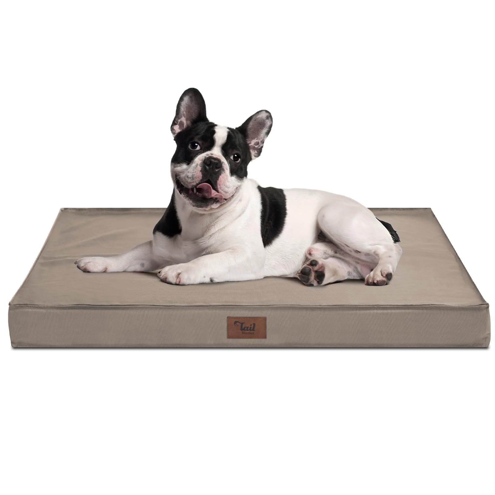 Tail Stories waterproof cover on outdoor dog bed protects paws and spills during trips