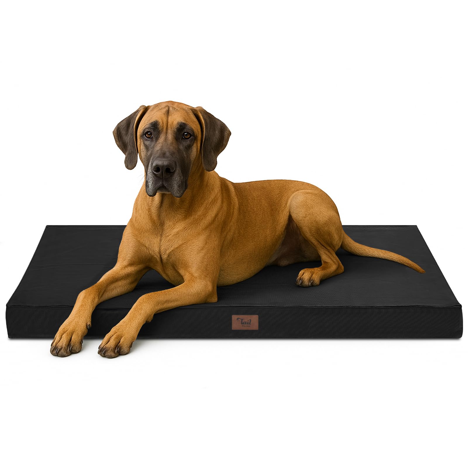 Tail Stories outdoor extra large dog bed shows rugged waterproof fabric for outdoor lounging.