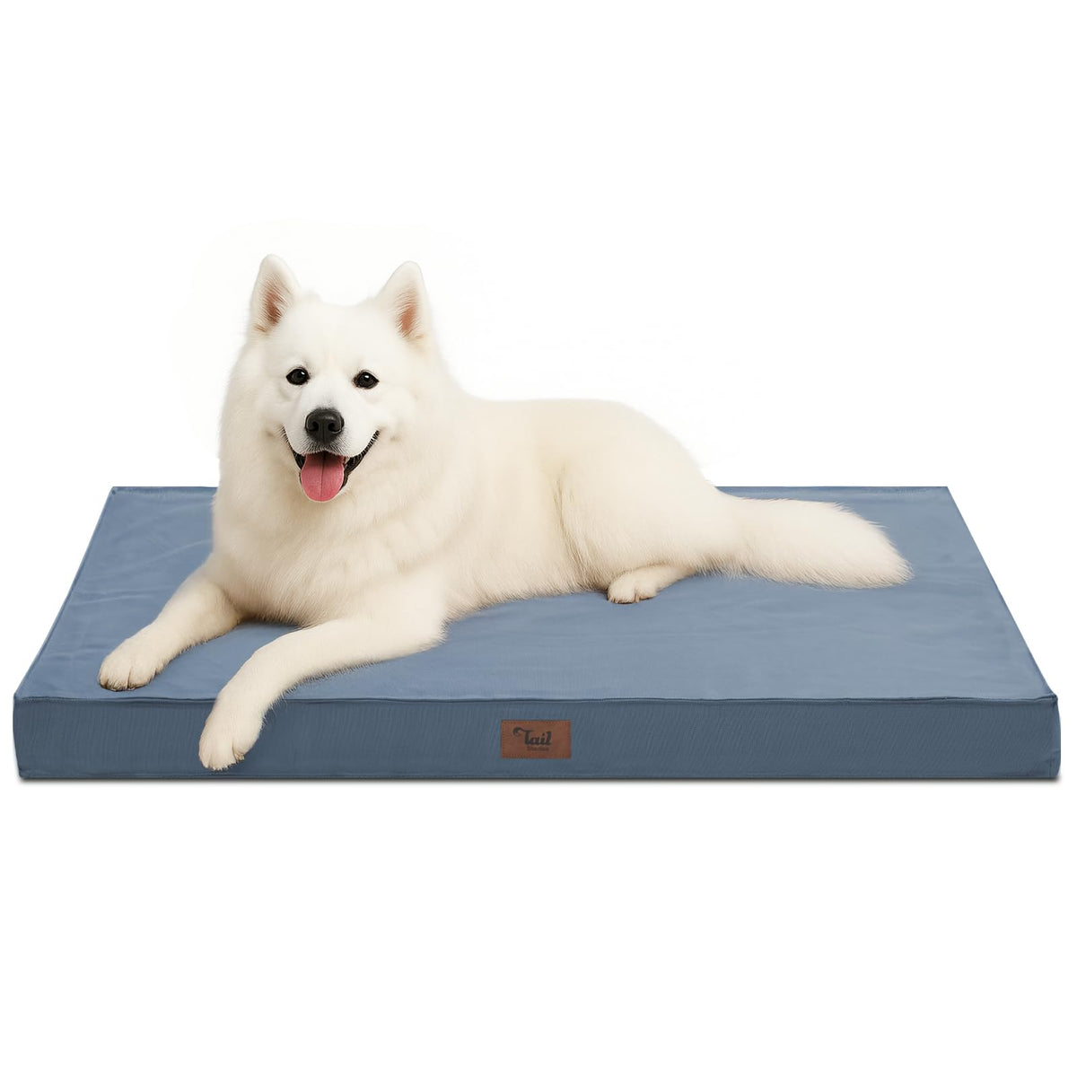 Tail Stories outdoor large washable dog bed with blue cover offering cozy crate rest.