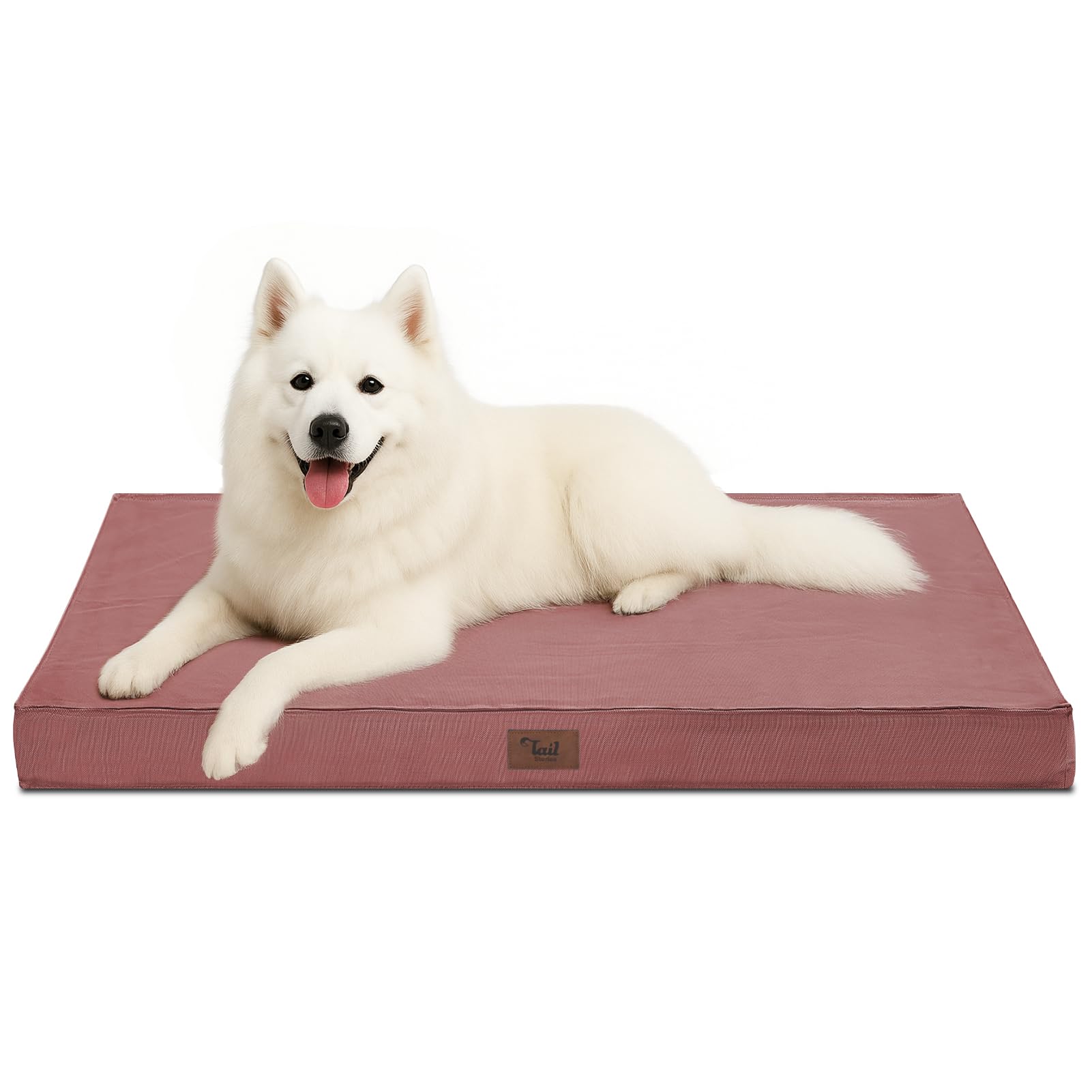 Tail Stories Outdoor Large Washable Dog Bed pink assembled for easy crate fit and comfort.