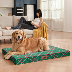 Tail Stories plaid-pattern dog bed in a cozy large-dog resting spot