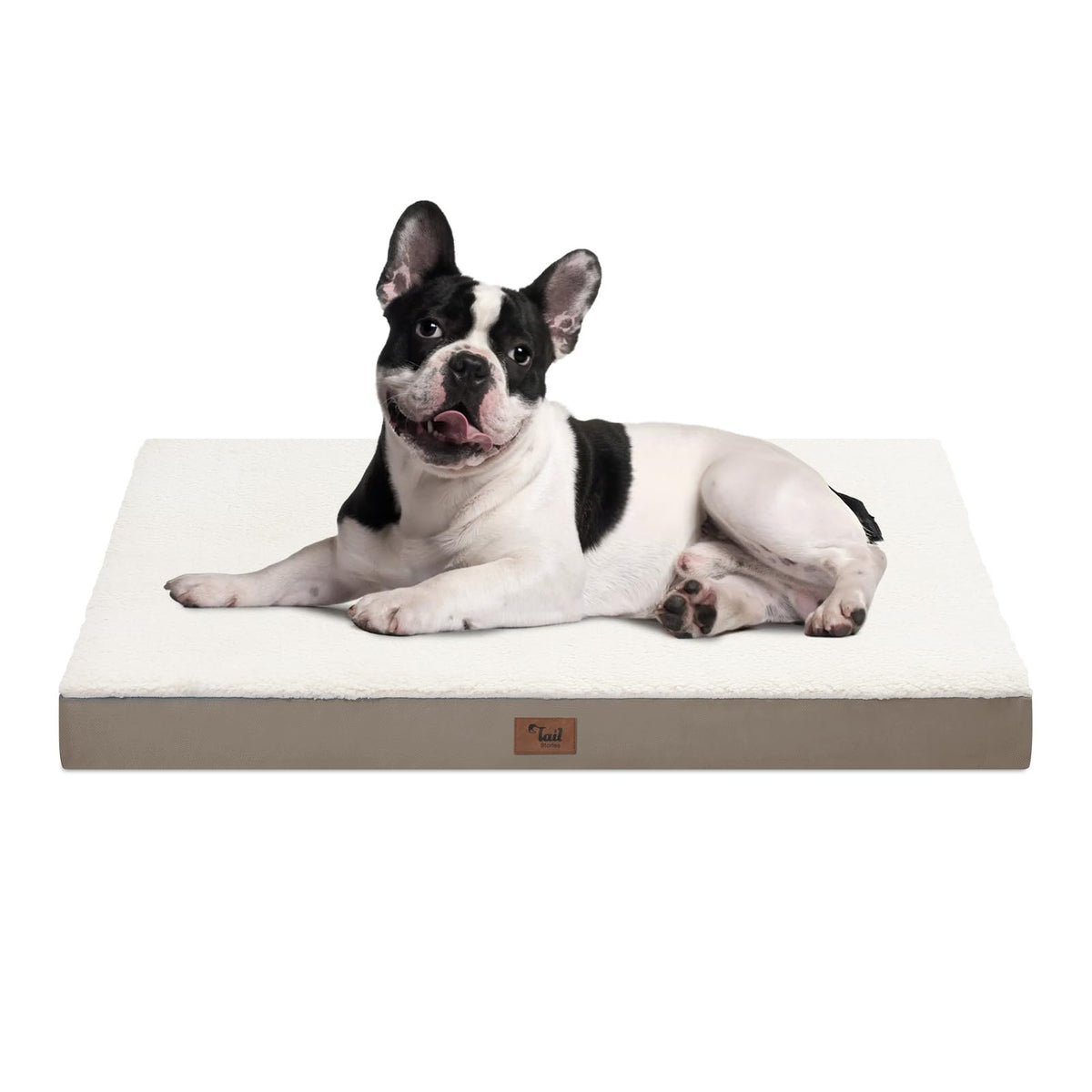 Tail Stories plush orthopedic dog bed with sherpa side for warm, cozy naps