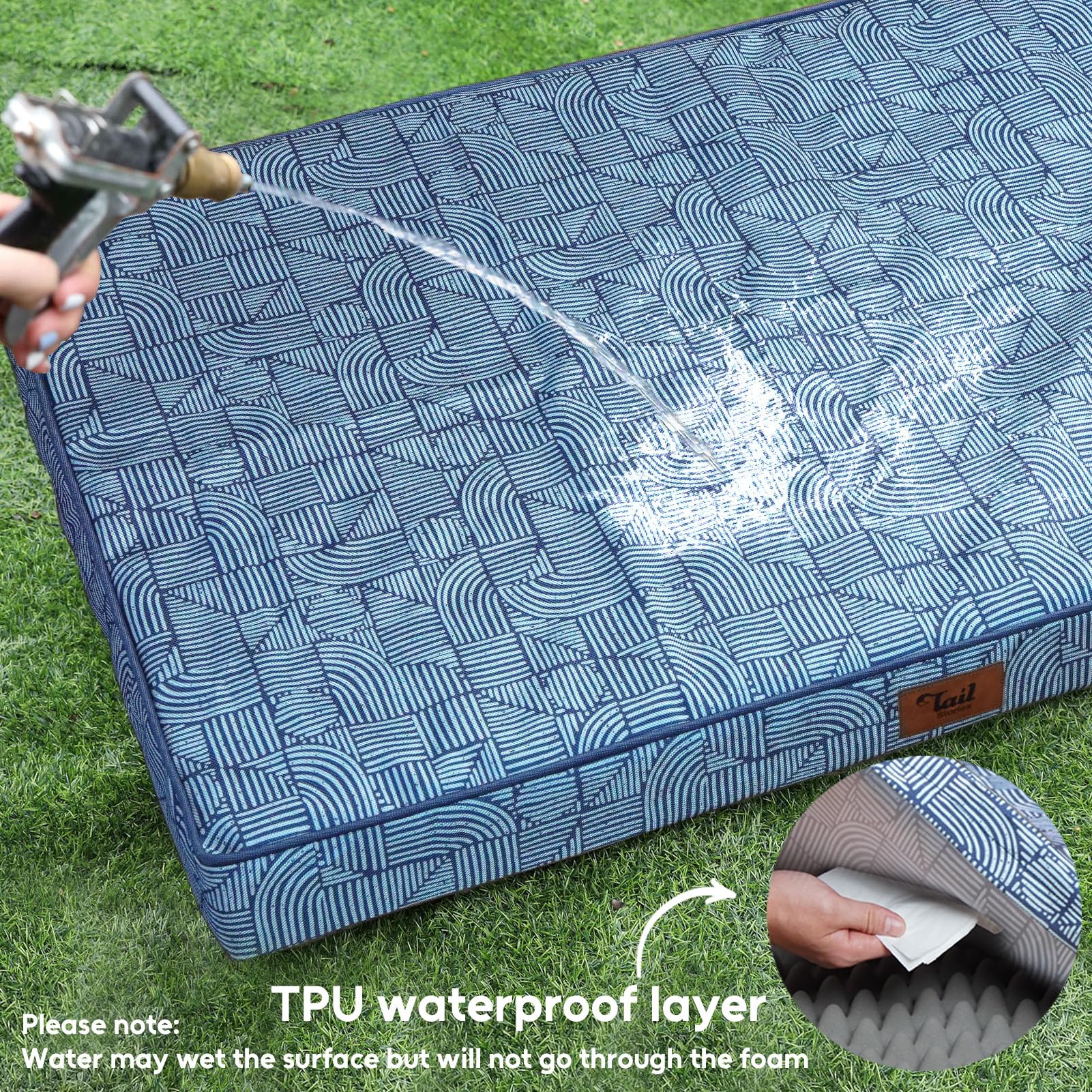 Tail Stories white-blue colorway bed adds stylish resting spot.