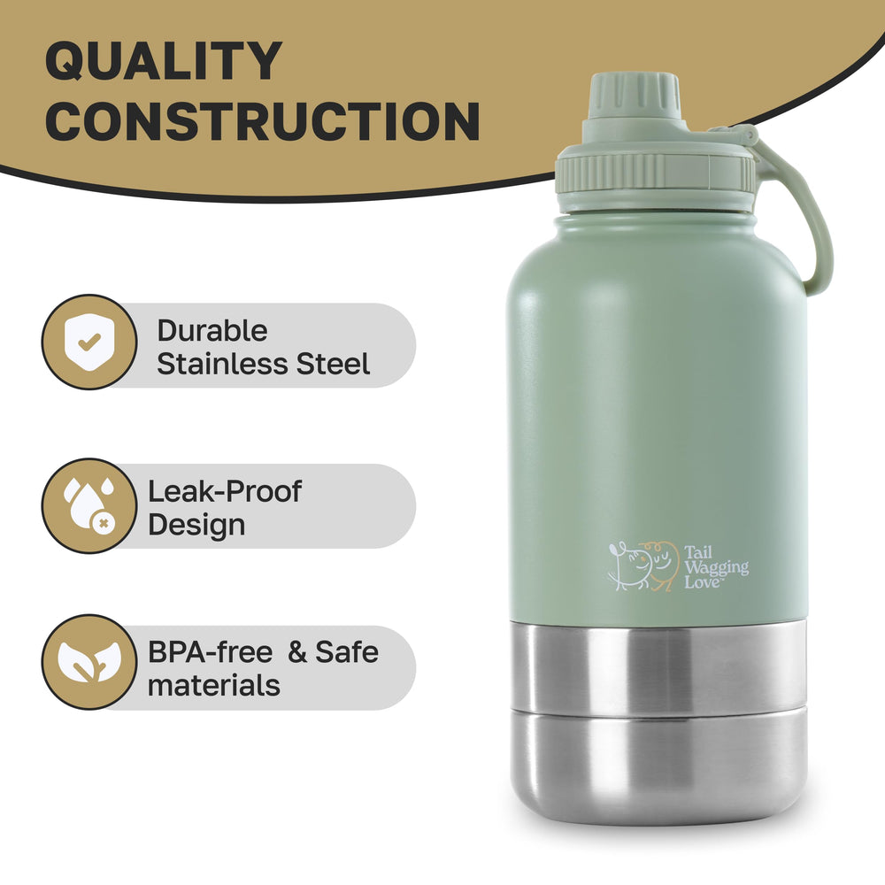 Tail Wagging Love compact travel bottle in bag, ready for quick hydration.
